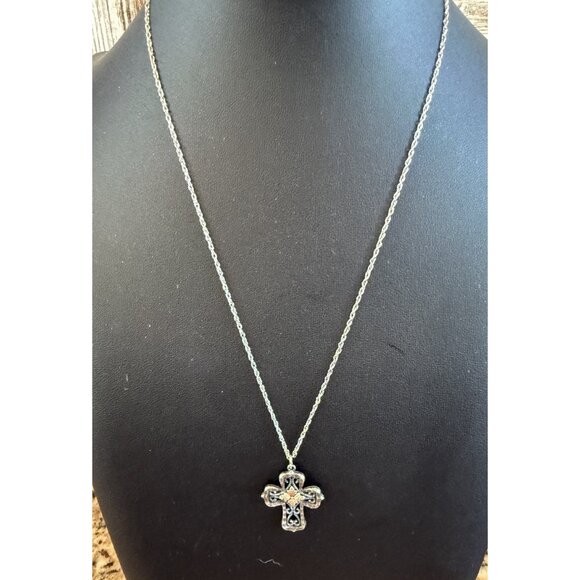 Sterling Silver/12Kt Gold Cross W/18” Sterling Chain Vintage 1” - Picture 1 of 15